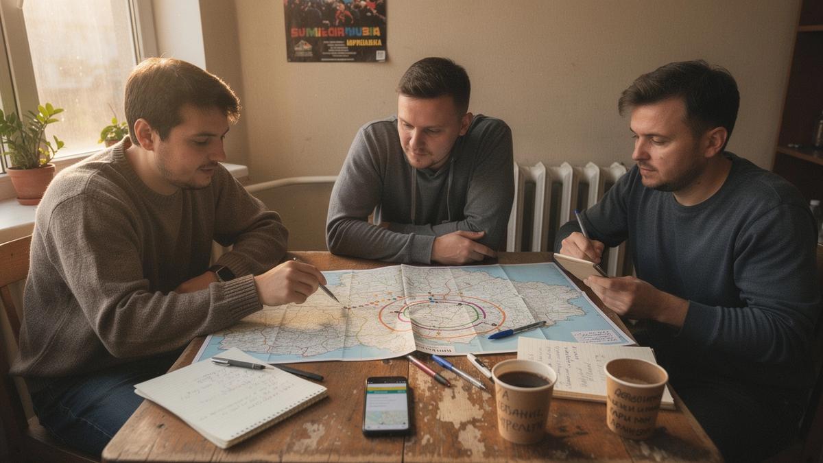 People planning a festival trip with a map and travel notes in Ukraine